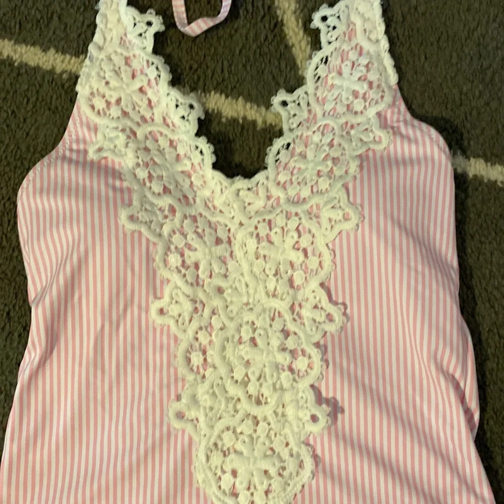NWOT Blooming Jelly one-piece pink and white striped suit with lace and eyelet - Picture 2 of 7